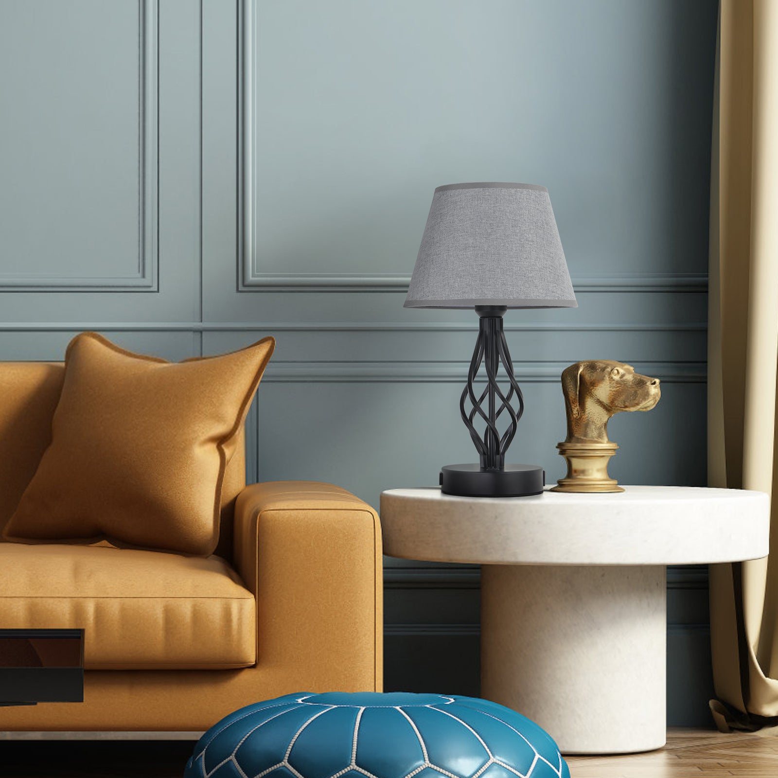 Modern Grey Fabric USB Table Lamps (Set of 2)， Nightstand Lamps with AC Outlet and Dual Ports.
