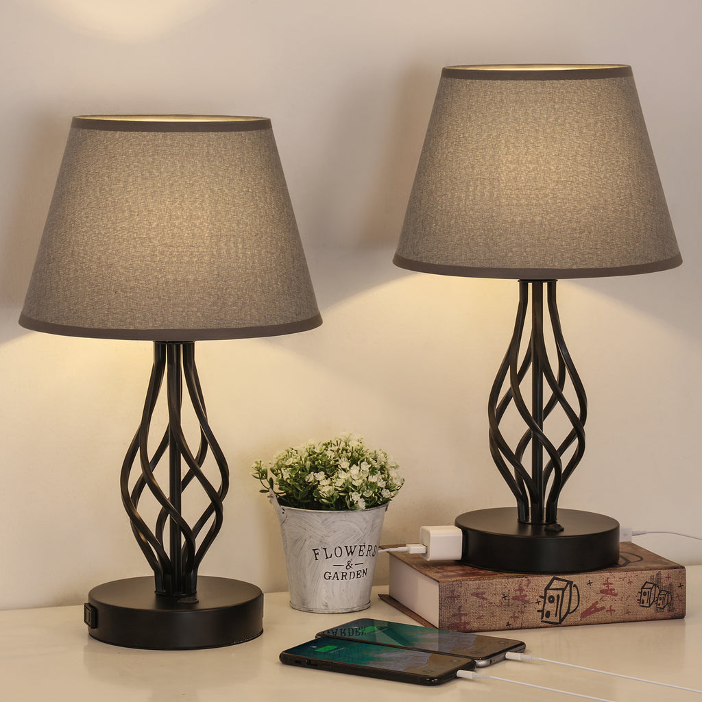 Modern Grey Fabric USB Table Lamps (Set of 2)， Nightstand Lamps with AC Outlet and Dual Ports.