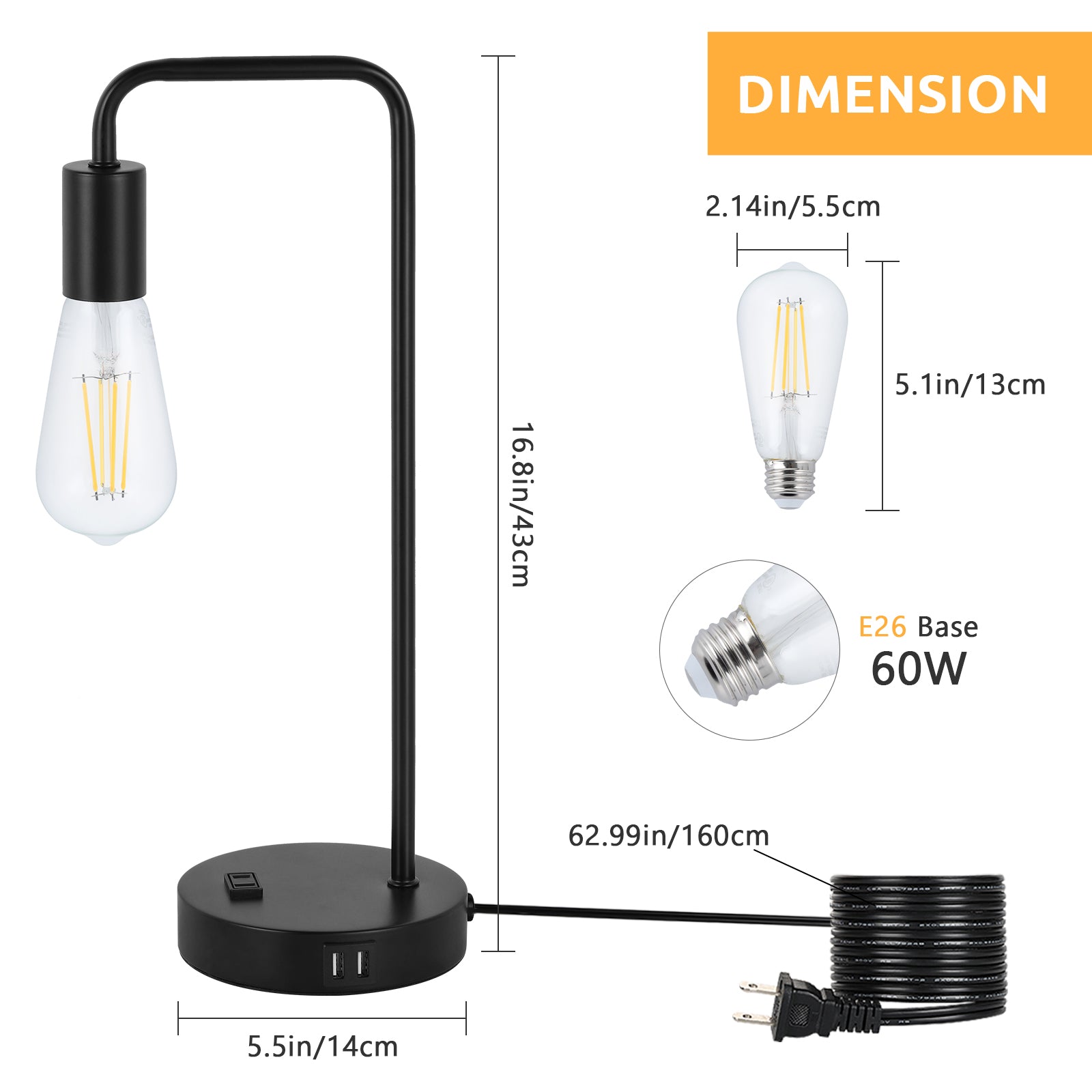 Minimalist Black Industrial USB Table Lamp — Metal Bedside Reading Lamp with Charging Ports.