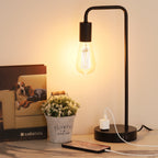 Minimalist Black Industrial USB Table Lamp — Metal Bedside Reading Lamp with Charging Ports.