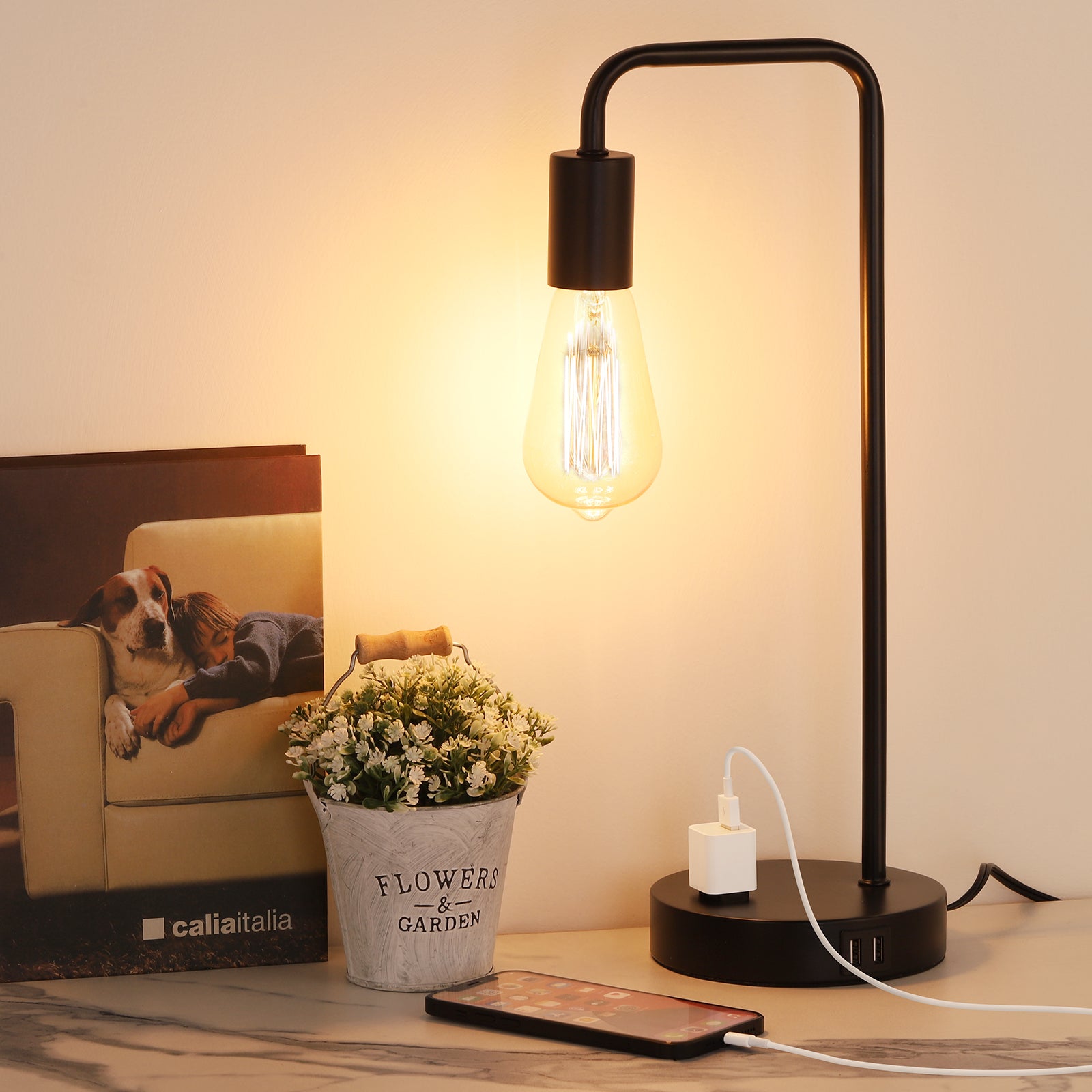 Minimalist Black Industrial USB Table Lamp — Metal Bedside Reading Lamp with Charging Ports.