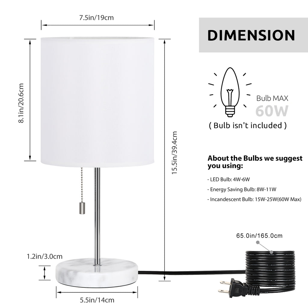 Elegant White Marble Lamp for Bedroom — Small Bedside Lamp with Silver Stem and White Shade.