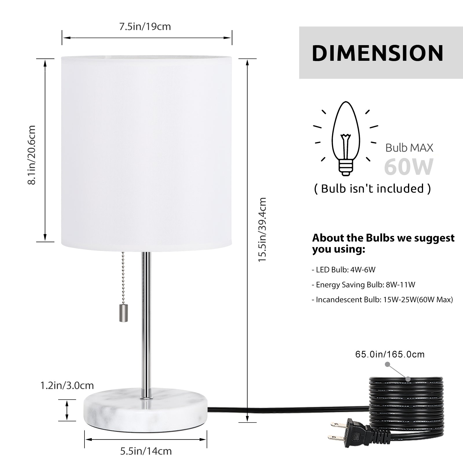Elegant White Marble Lamp for Bedroom — Small Bedside Lamp with Silver Stem and White Shade.