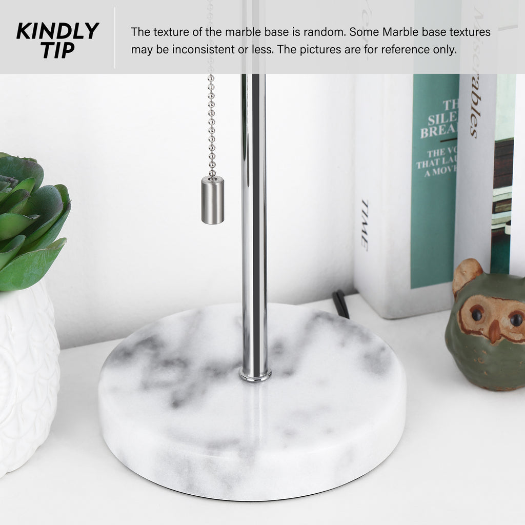 Elegant White Marble Lamp for Bedroom — Small Bedside Lamp with Silver Stem and White Shade.