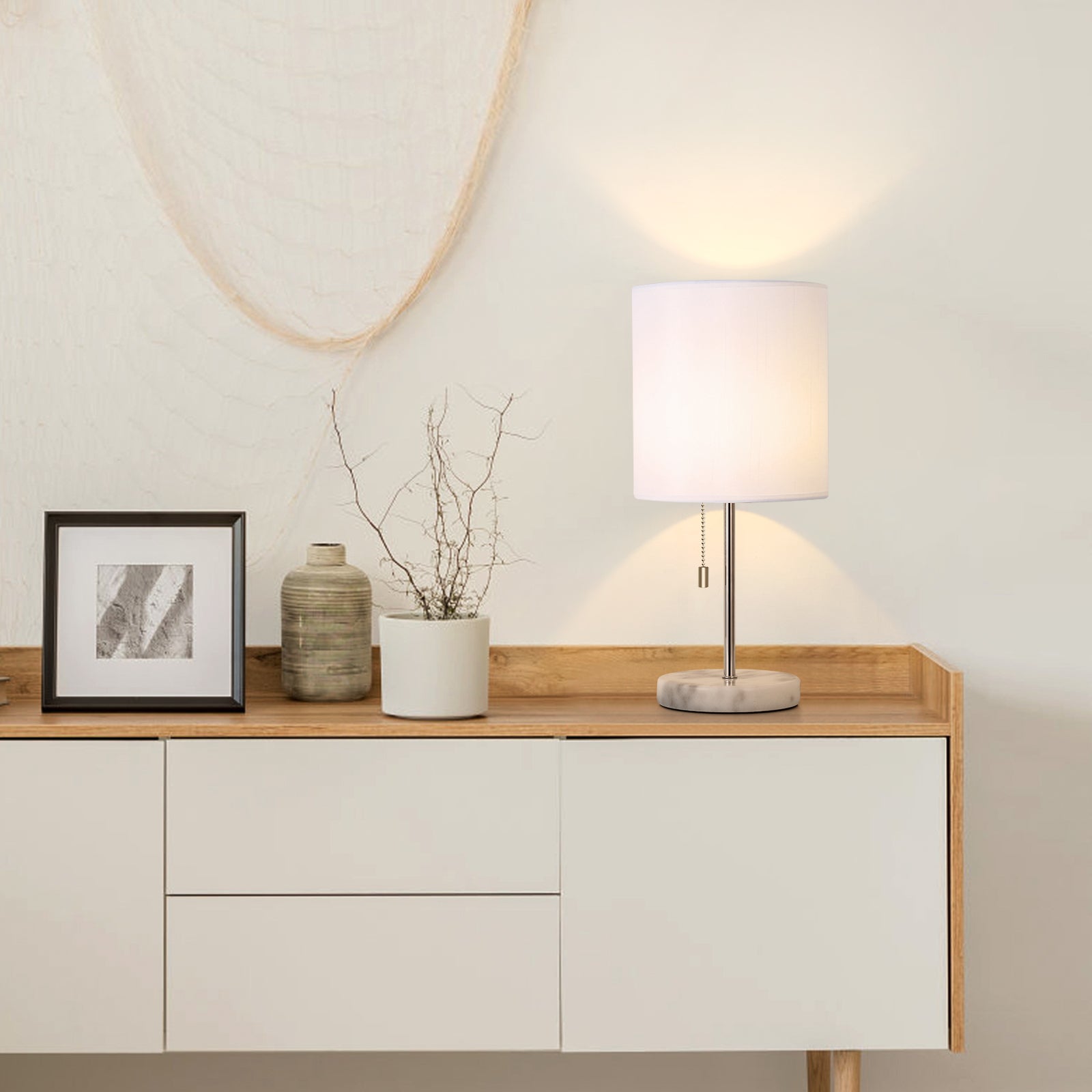 Elegant White Marble Lamp for Bedroom — Small Bedside Lamp with Silver Stem and White Shade.