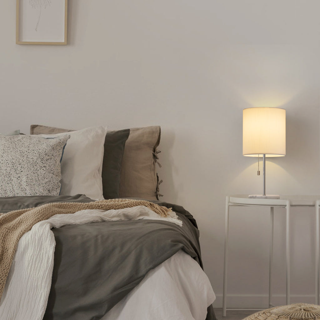 Elegant White Marble Lamp for Bedroom — Small Bedside Lamp with Silver Stem and White Shade.