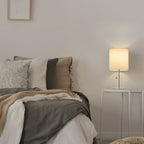 Elegant White Marble Lamp for Bedroom — Small Bedside Lamp with Silver Stem and White Shade.