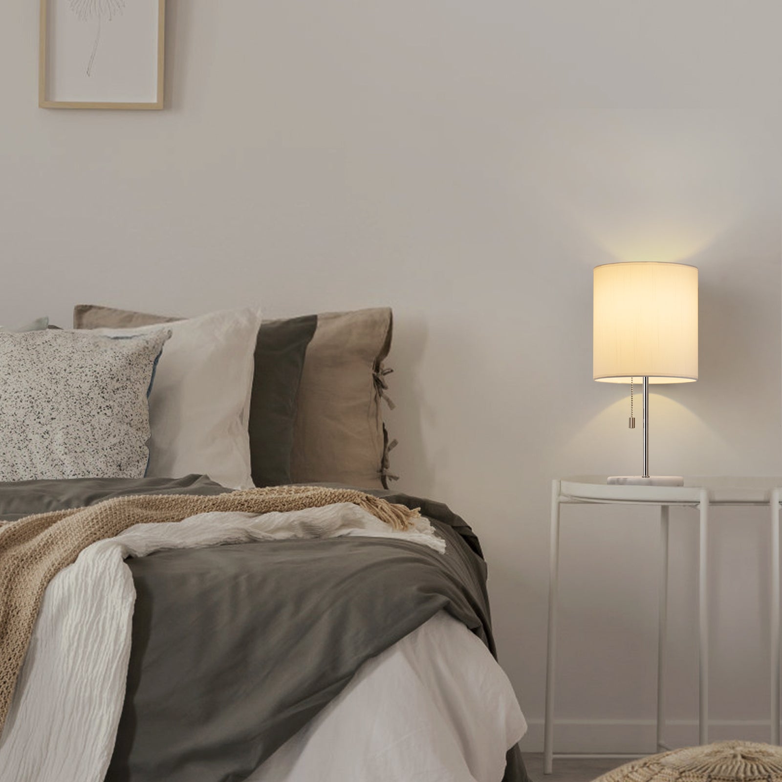 Elegant White Marble Lamp for Bedroom — Small Bedside Lamp with Silver Stem and White Shade.