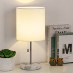 Elegant White Marble Lamp for Bedroom — Small Bedside Lamp with Silver Stem and White Shade.