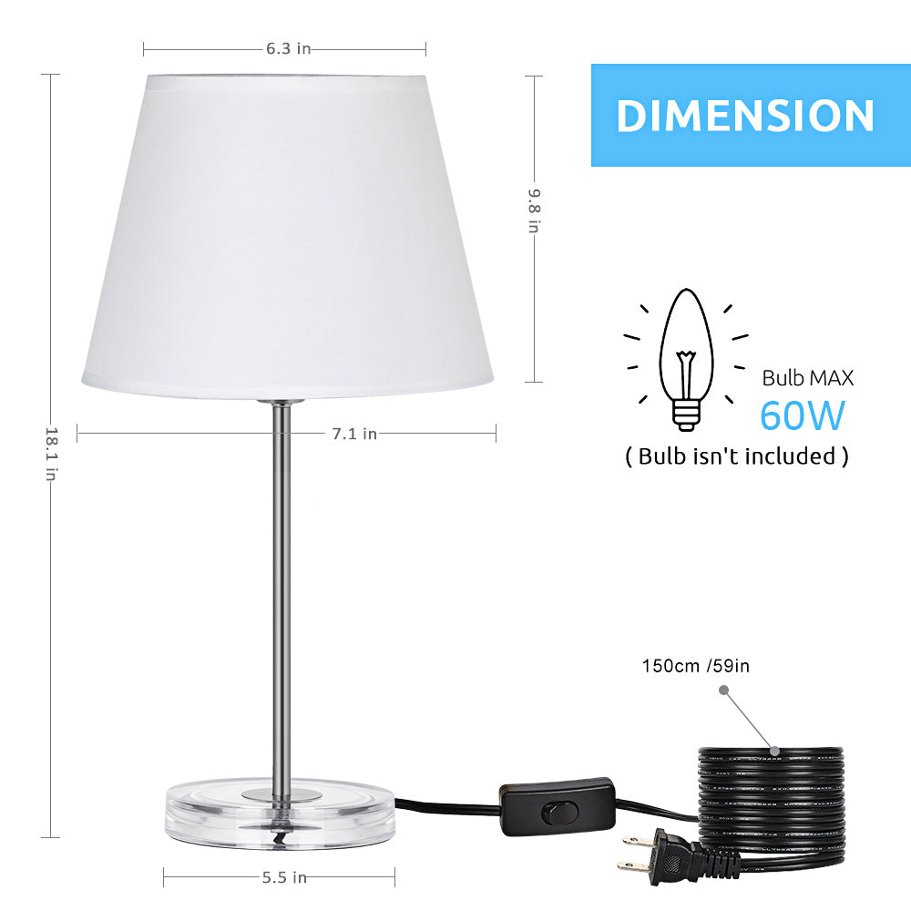 Modern Acrylic Base Bedside Lamps (Set of 2)， Transparent Nightstand Lights with White Shade.