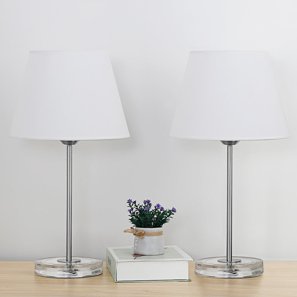 Modern Acrylic Base Bedside Lamps (Set of 2)， Transparent Nightstand Lights with White Shade.