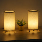 Minimalist Cylindrical Tripod Bedside Lamps (Set of 2)， Small Nightstand Lamps with Linen Shade.