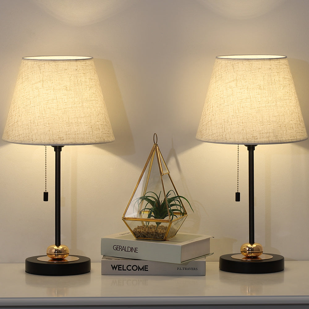 Modern Nightstand Lamp Set with Black/Linen Finish， Unique Metal Base Lamps for College Dorm.