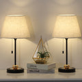 Modern Nightstand Lamp Set with Black/Linen Finish， Unique Metal Base Lamps for College Dorm.