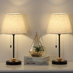 Modern Nightstand Lamp Set with Black/Linen Finish， Unique Metal Base Lamps for College Dorm.