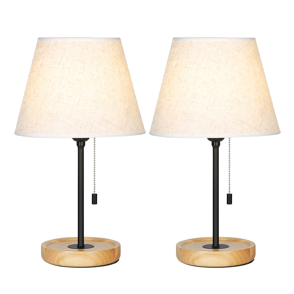 Vintage Style Table Lamps with Wood Base (Set of 2)， Modern Nightstand Lamps with Linen Shade.