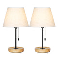 Vintage Style Table Lamps with Wood Base (Set of 2)， Modern Nightstand Lamps with Linen Shade.