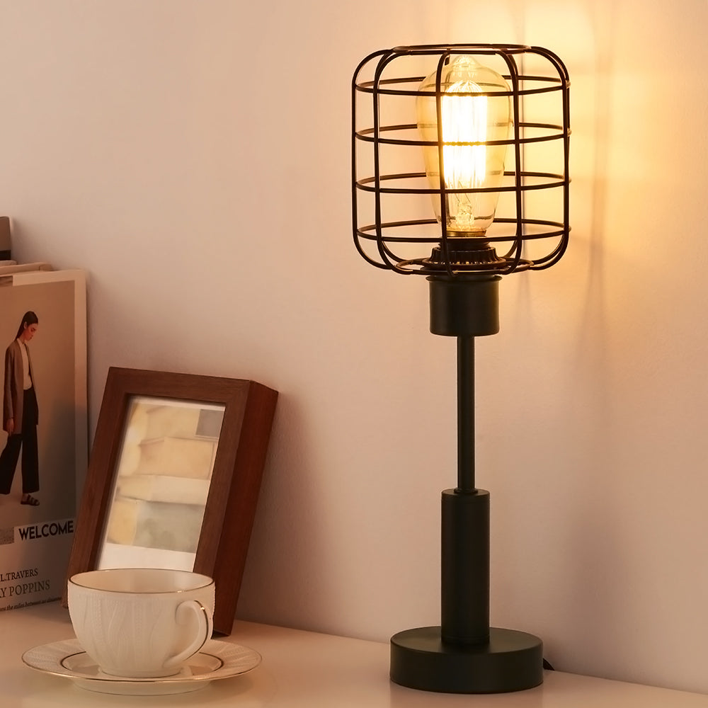 Industrial Metal Cage Table Lamp, Vintage Bedside Nightstand Light for Minimalist Decor.