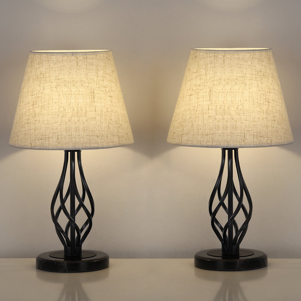 Black Iron Scroll Table Lamps with Marble Base (Set of 2)， Modern Bedside Nightstand Lamps.