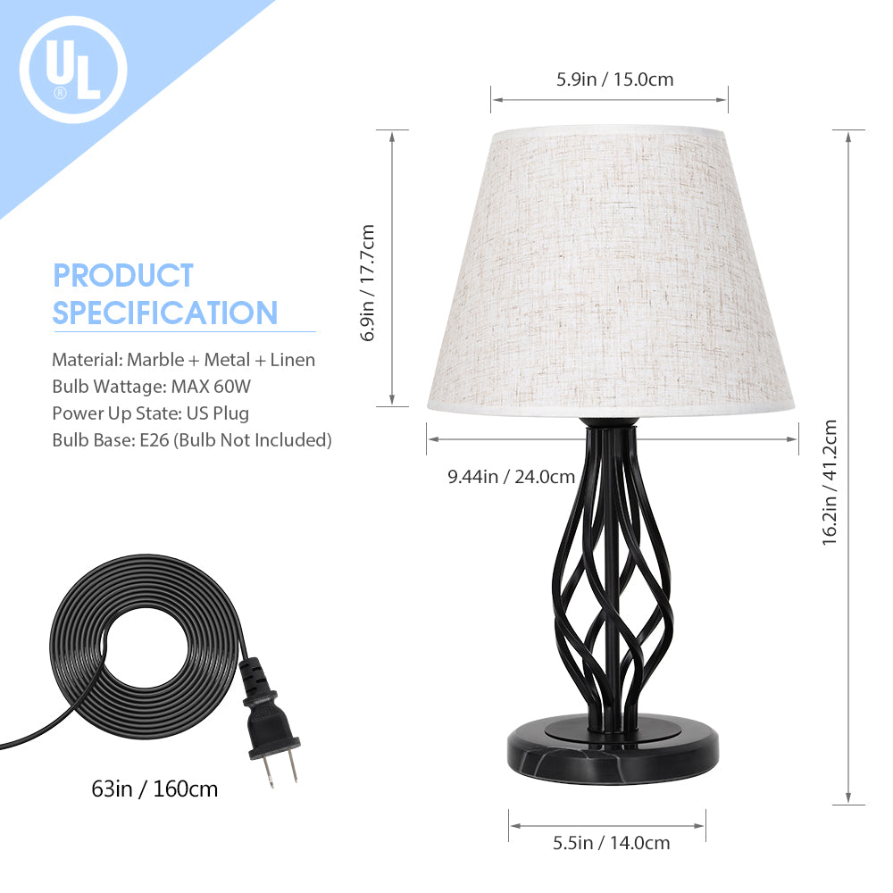 Black Iron Scroll Table Lamps with Marble Base (Set of 2)， Modern Bedside Nightstand Lamps.