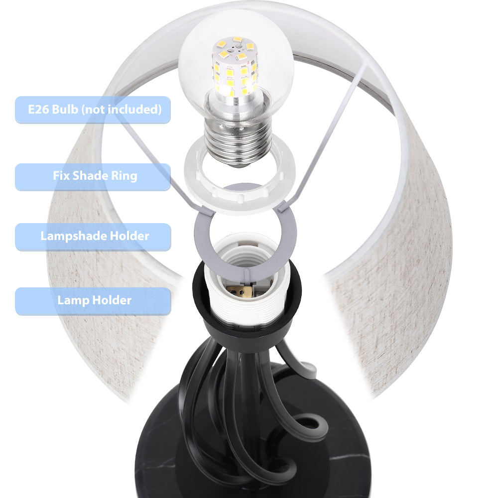 Black Iron Scroll Table Lamps with Marble Base (Set of 2)， Modern Bedside Nightstand Lamps.