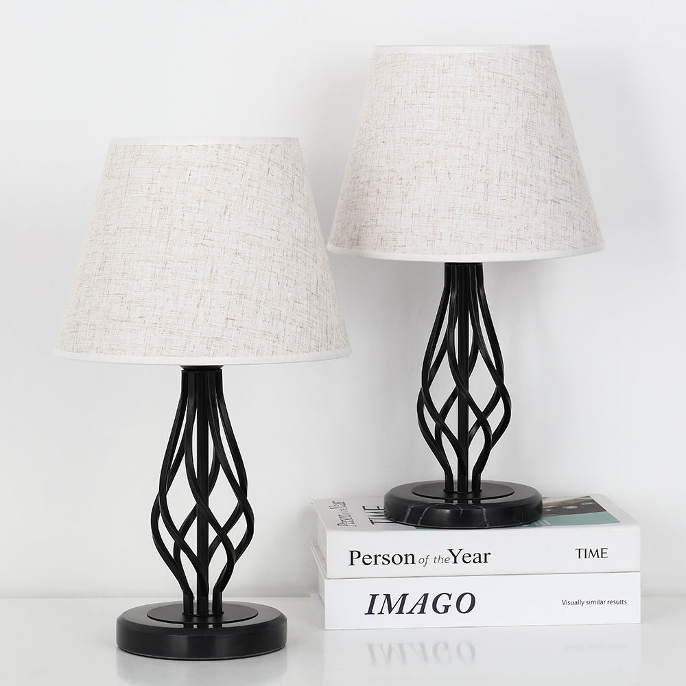 Black Iron Scroll Table Lamps with Marble Base (Set of 2)， Modern Bedside Nightstand Lamps.