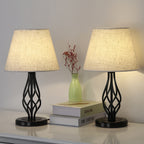 Black Iron Scroll Table Lamps with Marble Base (Set of 2)， Modern Bedside Nightstand Lamps.