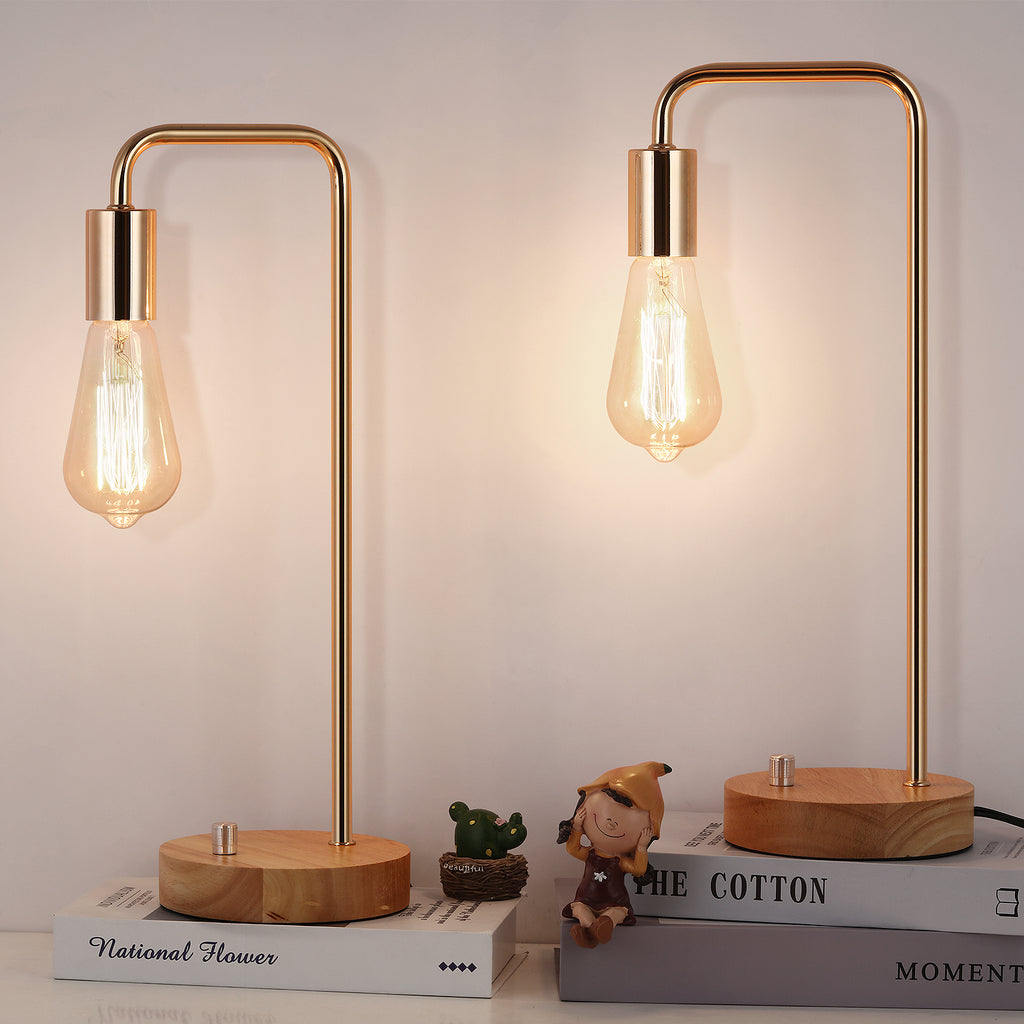 Gold Industrial Pipe Table Lamp Set with Wood Base (Set of 2)， Elegant Steampunk Desk Lights.