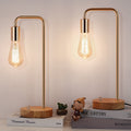 Gold Industrial Pipe Table Lamp Set with Wood Base (Set of 2)， Elegant Steampunk Desk Lights.