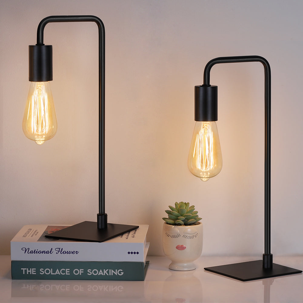 Minimalist Black Industrial Edison Lamp Set (Set of 2) — Modern Metal Table Lamps for Nightstand.