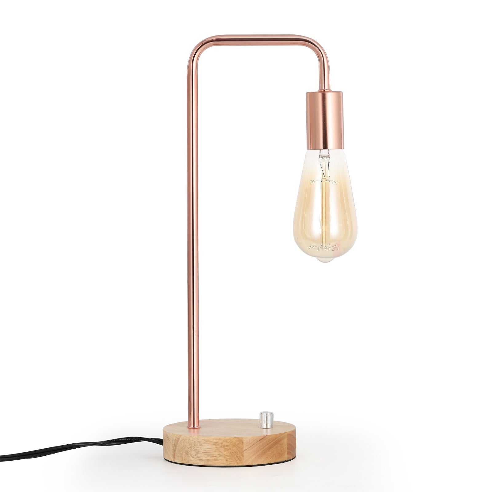 Minimalist Industrial Bedside Table Lamps 2 Pack, Rose Gold Curved Arch Metal Desk Lamp, Solid Wood Base Dimmable Knob Control Night Light, Vintage Edison Lamp Holder for Bedroom Nightstand, Reading Desk, Apartment Decor