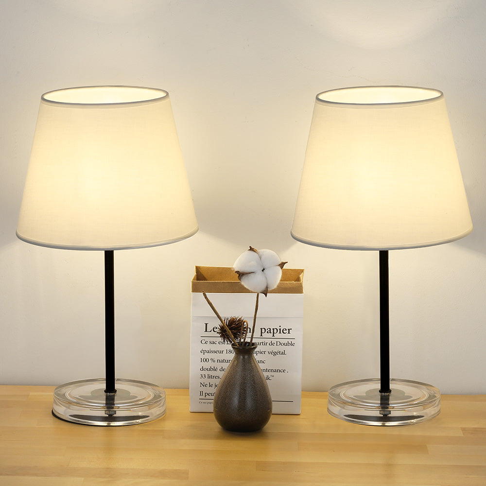Minimalist Classic Table Lamps Set of 2, Clear Acrylic Base Bedside Night Light, Soft White Fabric Shade Desk Lamp for Bedroom Decor, College Dorm, Guest Room, Kid & Girl Room, Living Room Side Table Lighting