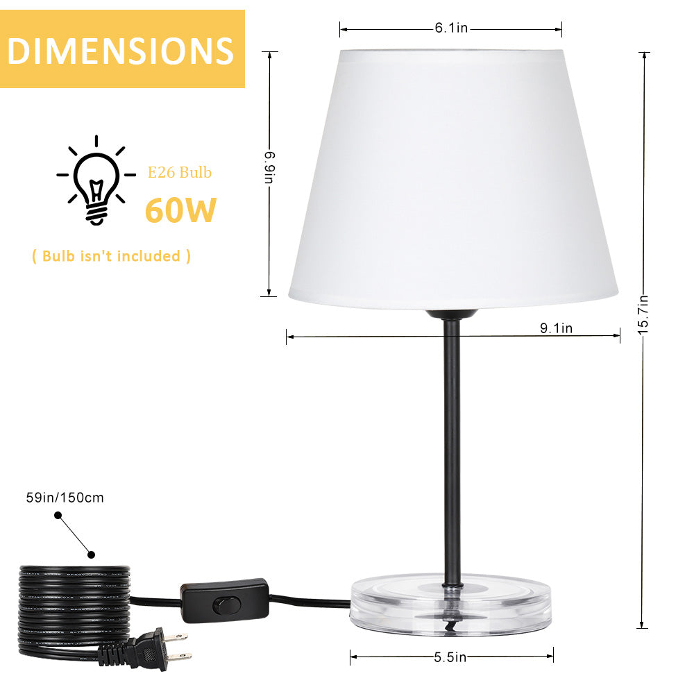 Minimalist Classic Table Lamps Set of 2, Clear Acrylic Base Bedside Night Light, Soft White Fabric Shade Desk Lamp for Bedroom Decor, College Dorm, Guest Room, Kid & Girl Room, Living Room Side Table Lighting