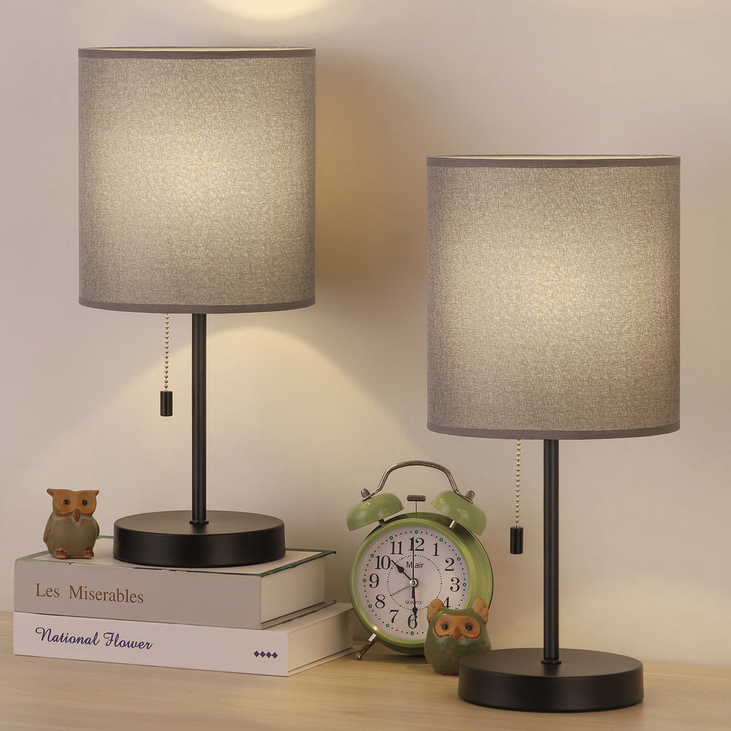 Set of 2 Grey Table Lamps, Modern Black Metal Bedside Nightstand Lamps with Pull Chain Switch, Linen Fabric Shade Small Desk Lamp for Bedroom, Living Room, Study, Office