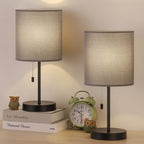 Set of 2 Grey Table Lamps, Modern Black Metal Bedside Nightstand Lamps with Pull Chain Switch, Linen Fabric Shade Small Desk Lamp for Bedroom, Living Room, Study, Office