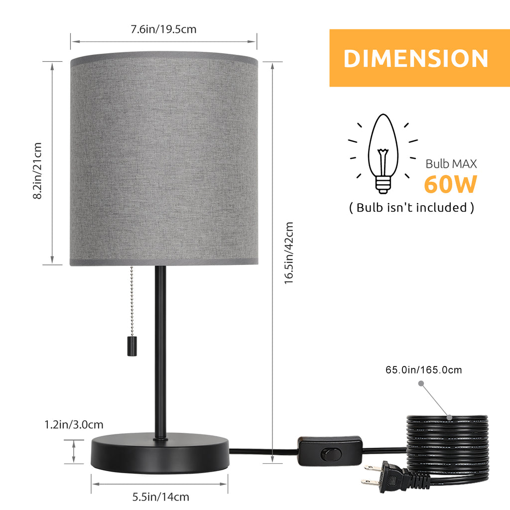Set of 2 Grey Table Lamps, Modern Black Metal Bedside Nightstand Lamps with Pull Chain Switch, Linen Fabric Shade Small Desk Lamp for Bedroom, Living Room, Study, Office