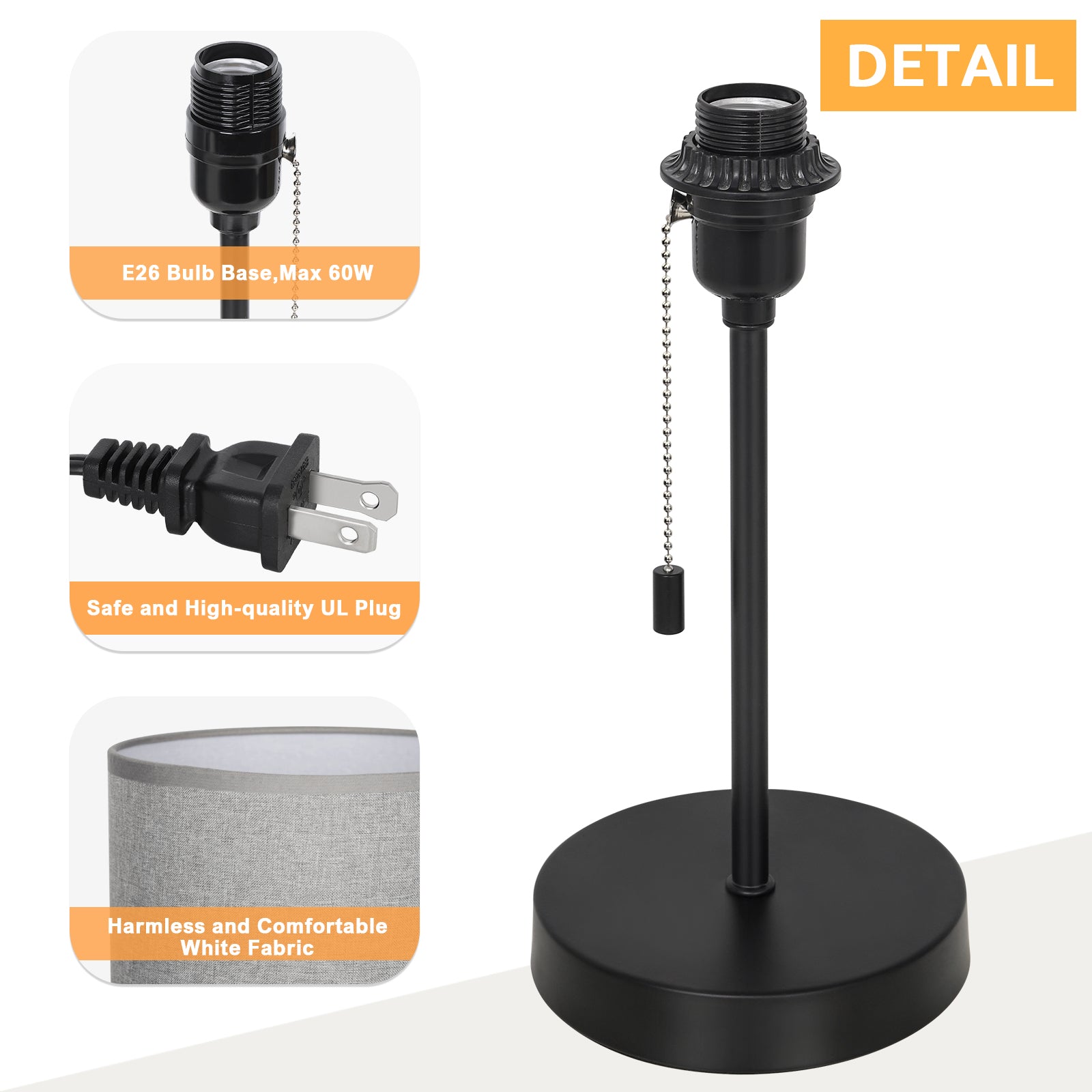 Set of 2 Grey Table Lamps, Modern Black Metal Bedside Nightstand Lamps with Pull Chain Switch, Linen Fabric Shade Small Desk Lamp for Bedroom, Living Room, Study, Office