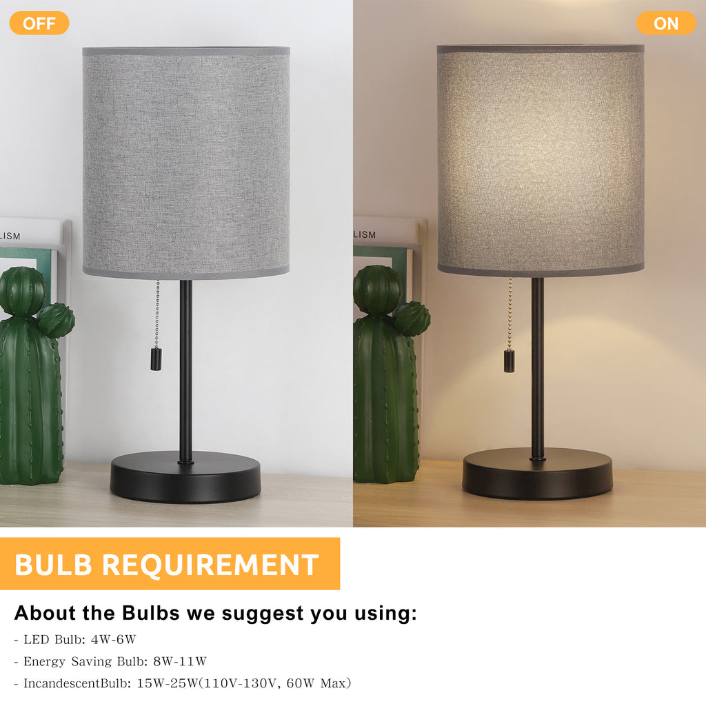Set of 2 Grey Table Lamps, Modern Black Metal Bedside Nightstand Lamps with Pull Chain Switch, Linen Fabric Shade Small Desk Lamp for Bedroom, Living Room, Study, Office