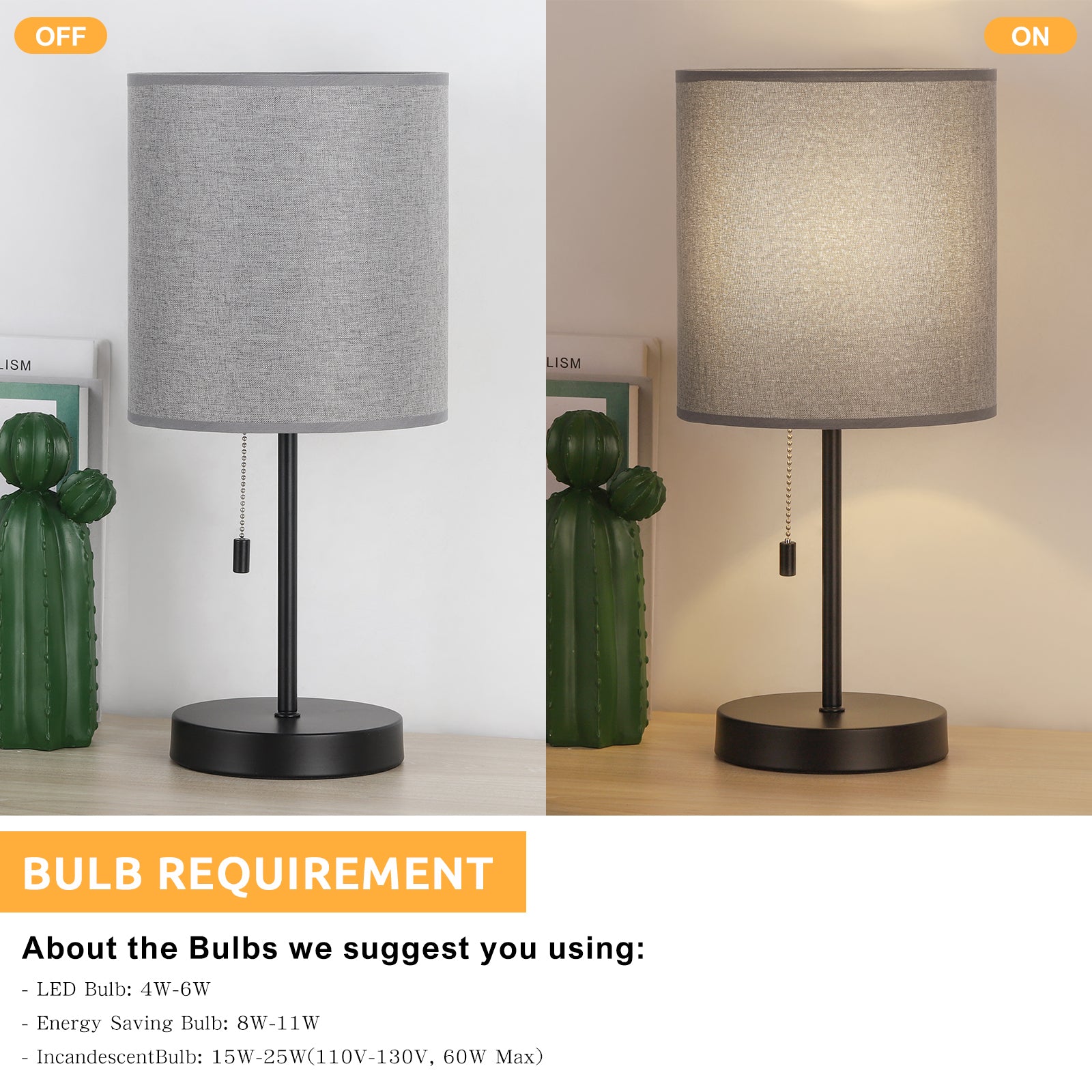 Set of 2 Grey Table Lamps, Modern Black Metal Bedside Nightstand Lamps with Pull Chain Switch, Linen Fabric Shade Small Desk Lamp for Bedroom, Living Room, Study, Office
