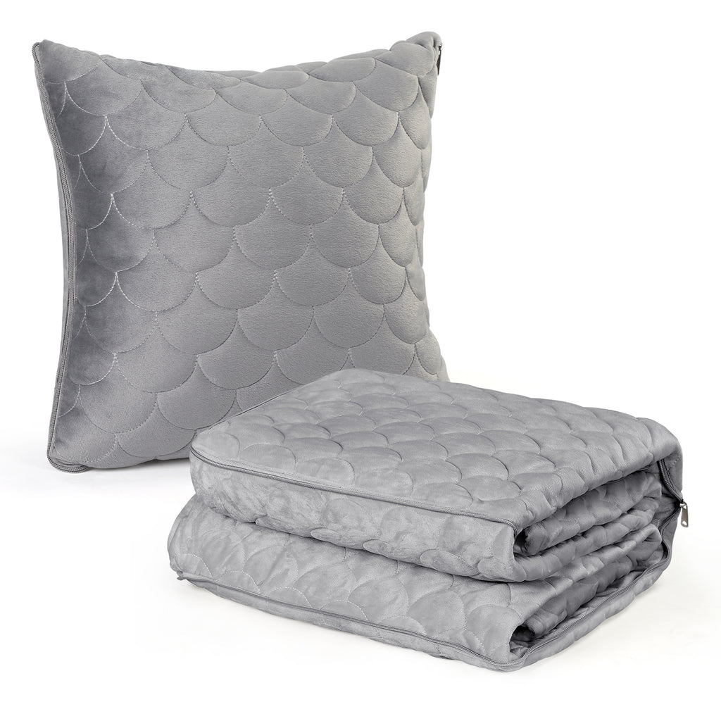 2-in-1 Convertible Travel Blanket Pillow, 60x80 Inch Soft Fleece Throw, Portable Cushion Blanket for Camping, Airplane, Car, Sofa, Gray and Beige