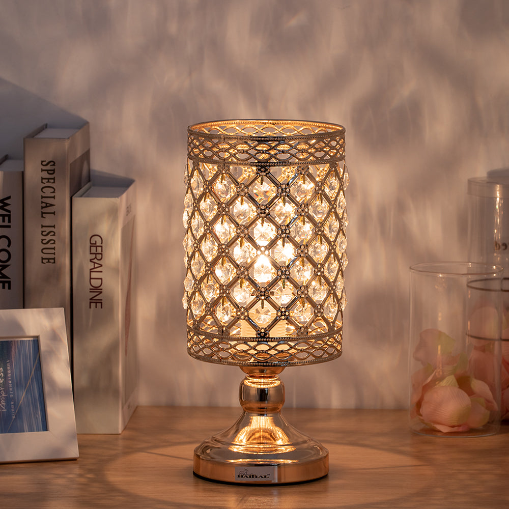 Modern Cylindrical K9 Crystal Side Table Lamp, Luxury Nightlight Desk Lamp for Bedroom & Dining Room