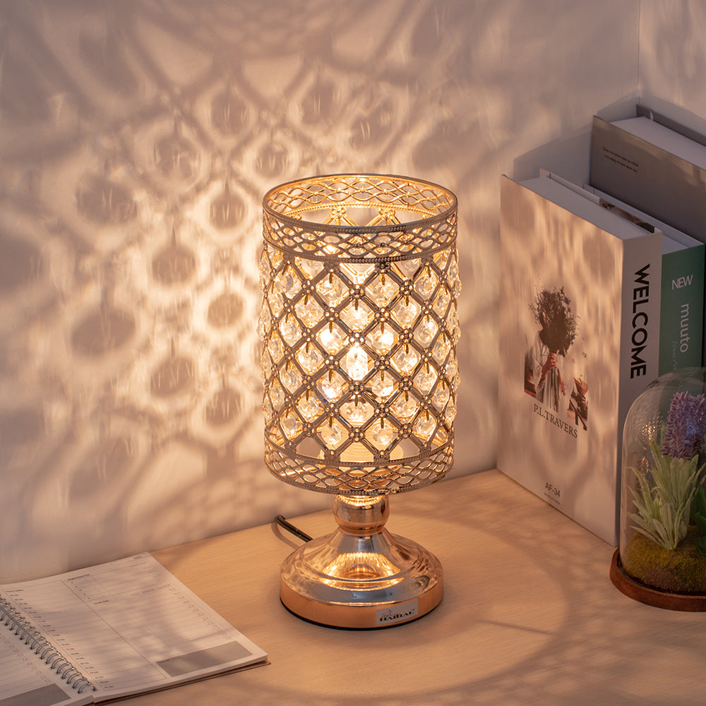 Modern Cylindrical K9 Crystal Side Table Lamp, Luxury Nightlight Desk Lamp for Bedroom & Dining Room