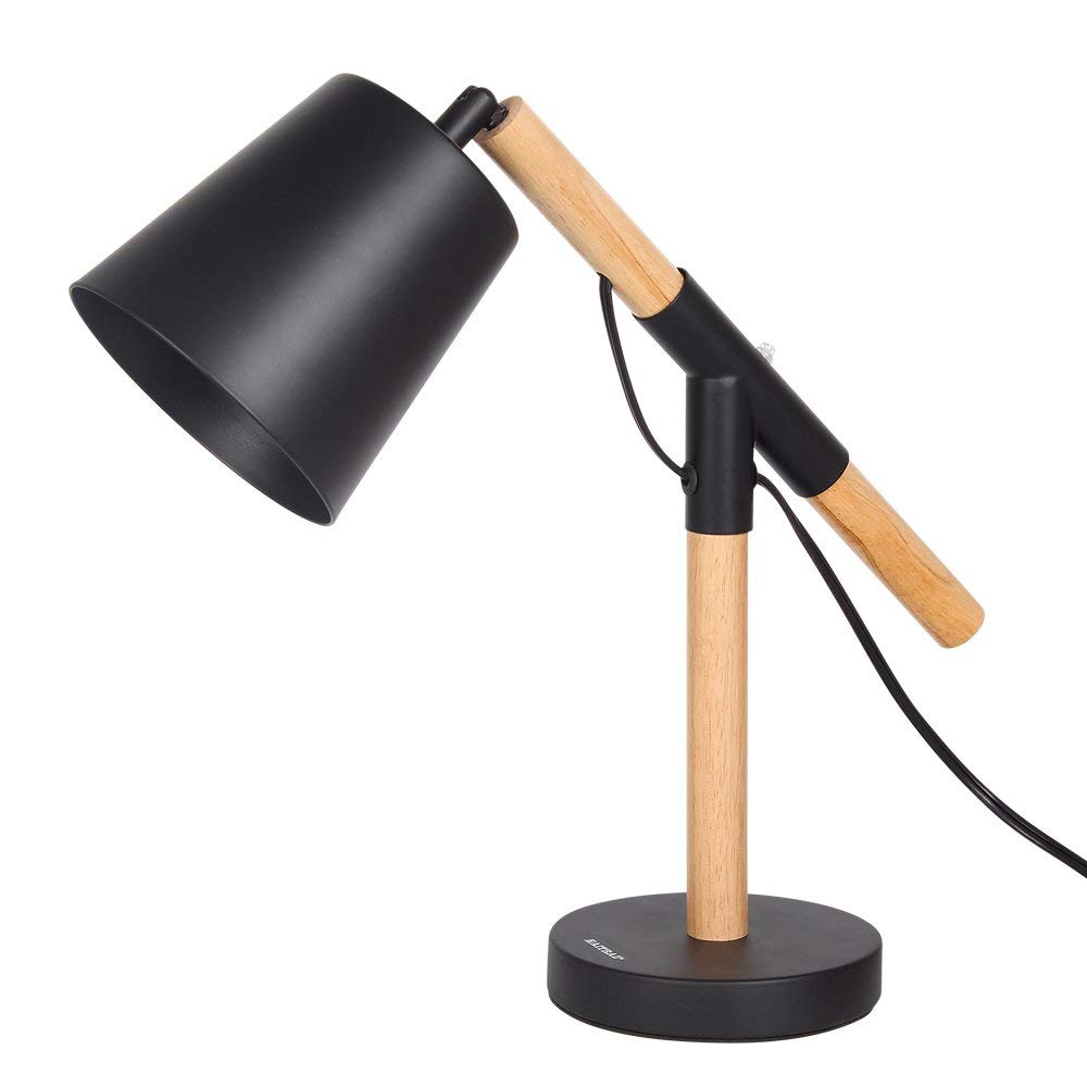 Vintage Wood and Metal Desk Lamp with Adjustable Shade for Bedroom and Office Reading