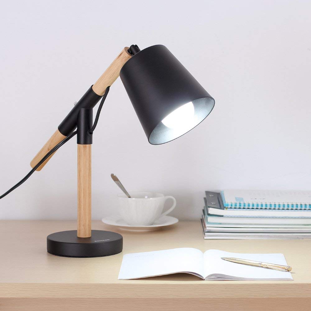 Vintage Wood and Metal Desk Lamp with Adjustable Shade for Bedroom and Office Reading
