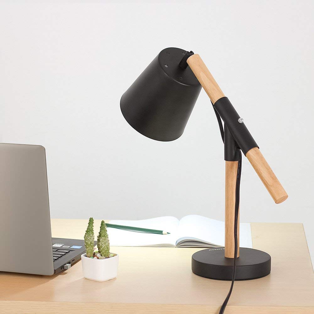 Vintage Wood and Metal Desk Lamp with Adjustable Shade for Bedroom and Office Reading
