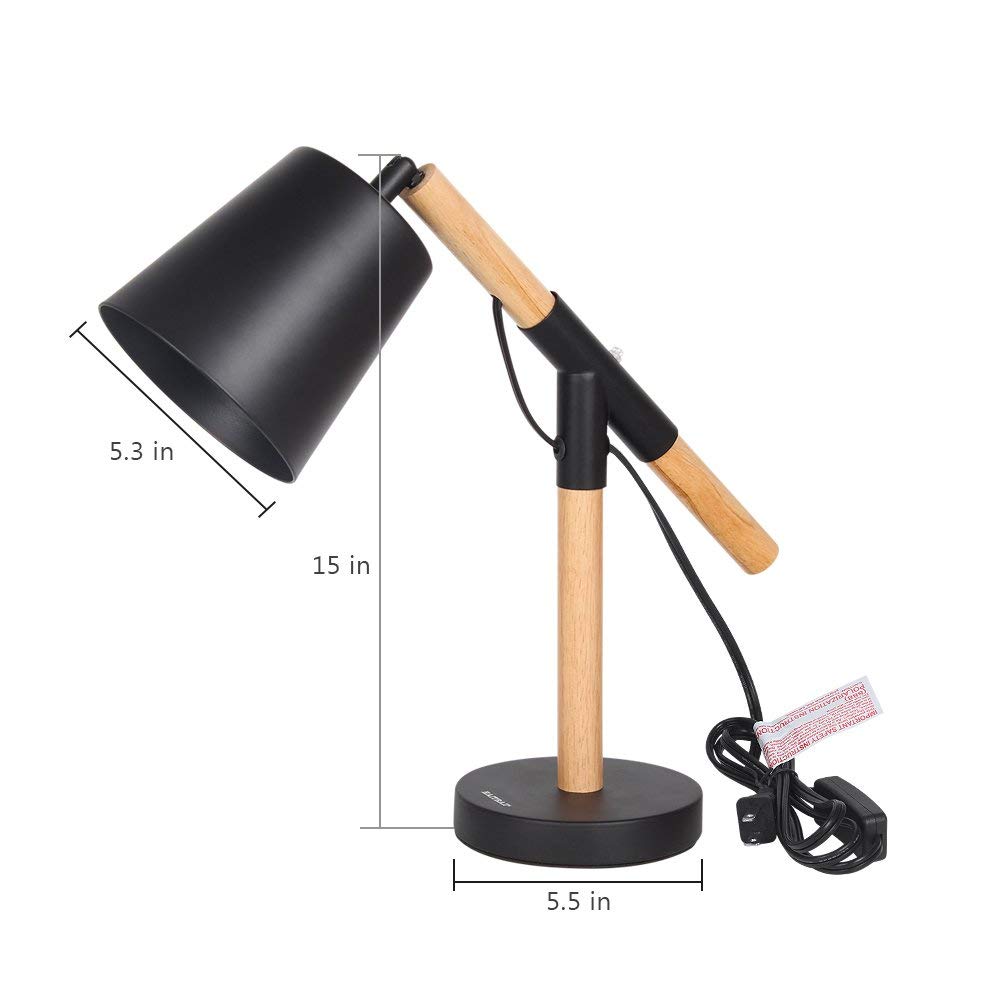 Vintage Wood and Metal Desk Lamp with Adjustable Shade for Bedroom and Office Reading