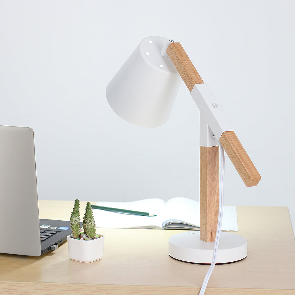 Vintage Wood and Metal Desk Lamp with Adjustable Shade for Bedroom and Office Reading
