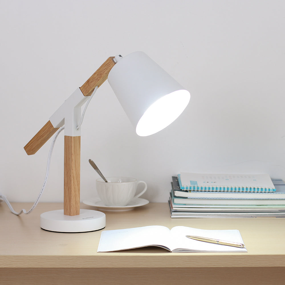 Vintage Wood and Metal Desk Lamp with Adjustable Shade for Bedroom and Office Reading