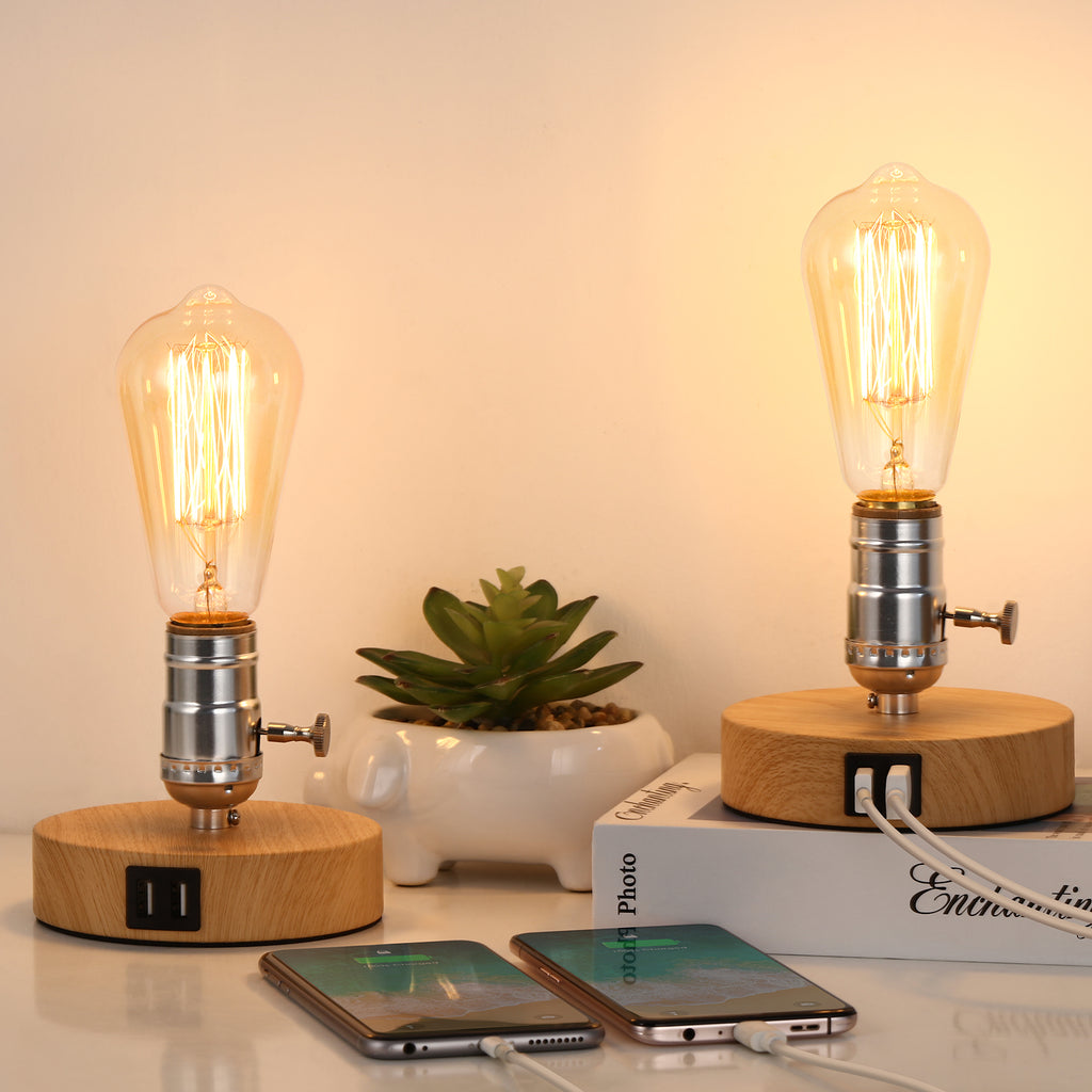 Small Table Lamps for Bedroom Set of 2, E26 Edison Desk Industrial Lamp with USB Charging Ports, Cute Night Table Lamp for Nightstand, Bedside, Office, Living Room