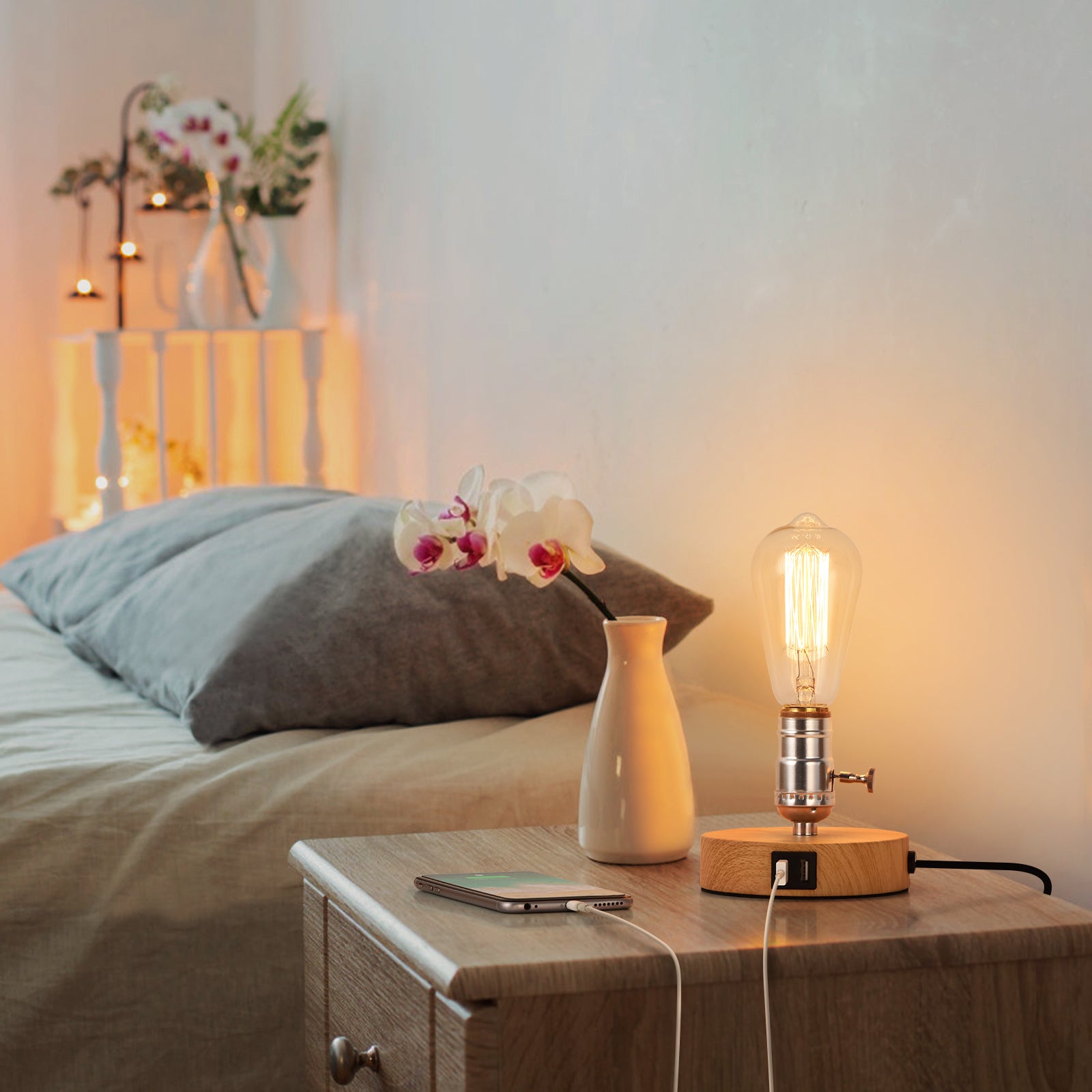 Small Table Lamps for Bedroom Set of 2, E26 Edison Desk Industrial Lamp with USB Charging Ports, Cute Night Table Lamp for Nightstand, Bedside, Office, Living Room